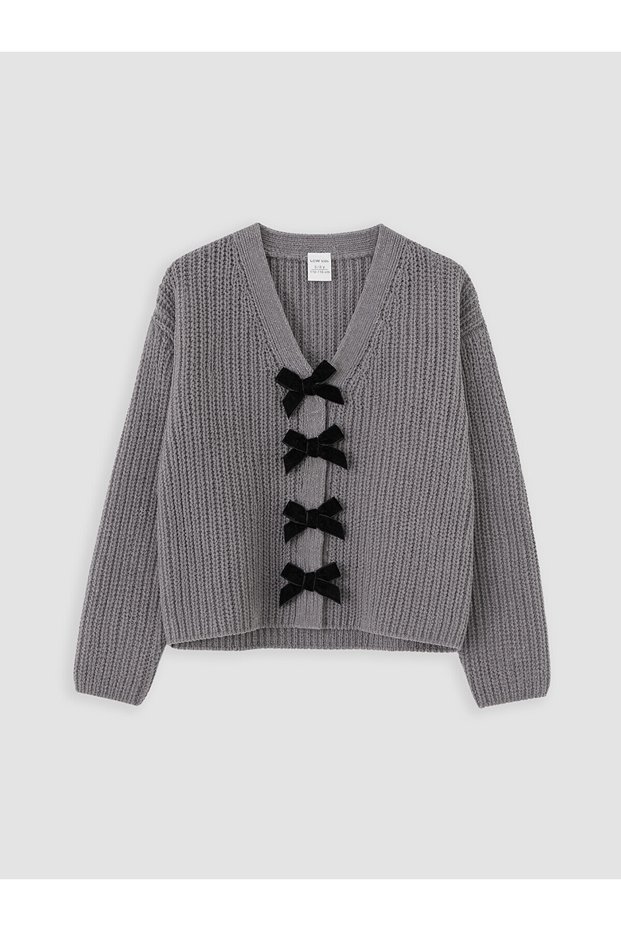 Lcw Kids Gray Bow Detailed V-Neck Girls' Knitwear Cardigan