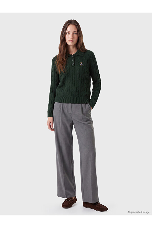 Lcw Modest Green Polo Collar Patterned Women's Knitwear Sweater