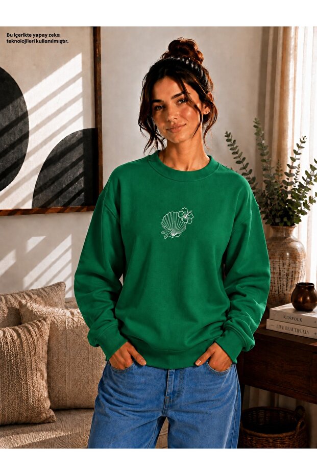 Women's Sea Shell and Starfish Printed Round Neck Casual Cotton Basic Sweathirt