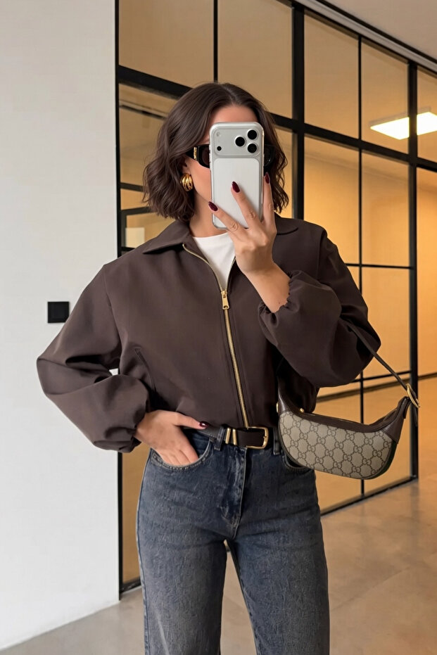 Women's Textured Bomber Zippered Jacket Dark Brown