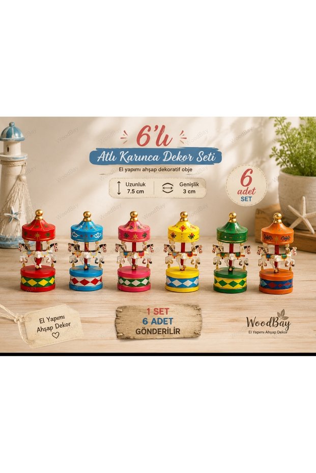 Set of 6 Mini Wooden Carousel Decorations Colorful Christmas Ornament Gift Table Wall Decoration