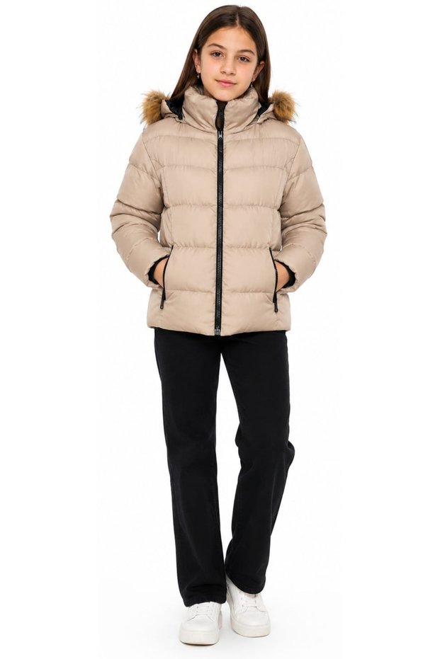 Girls' Hooded, Faux-Fur-Trimmed, Zipper-Closure, Zippered-Pocket, Beige, Lightweight Puffer Jacket