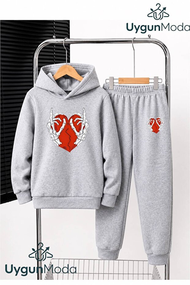 Skeleton Heart Printed Hooded Thick Cotton Inside Lined Sweatpants with Pockets Children's Top and Bottom Sweat Suit