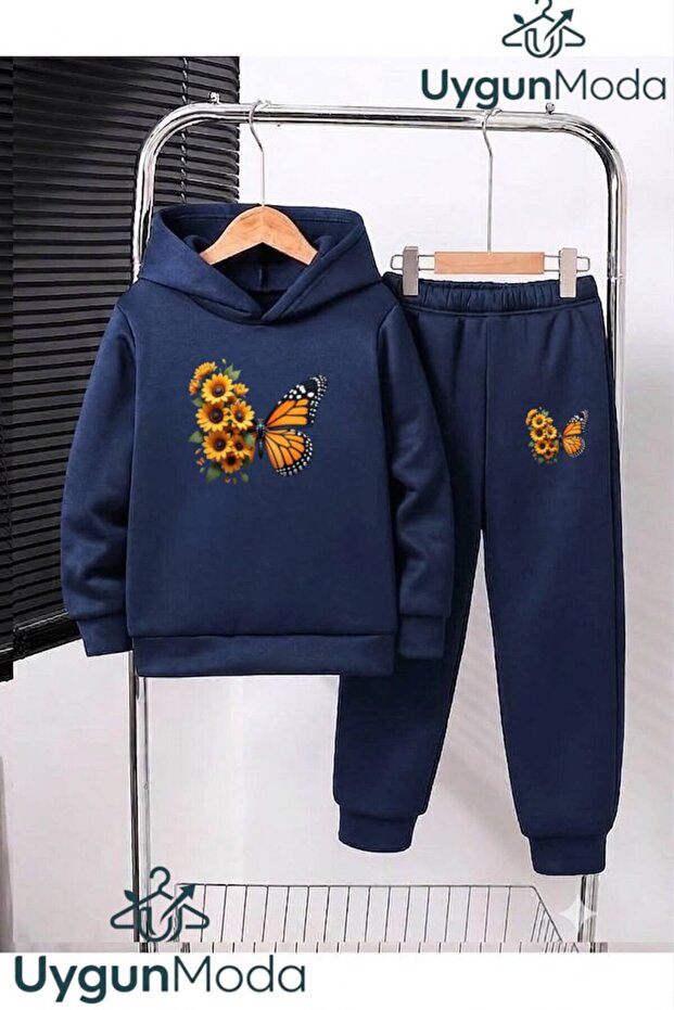 Daisy Yellow Butterfly Printed Hooded Thick Cotton Inside Sweatpants with Pockets Kids Sweatshirt and Pants Set
