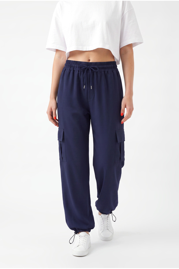 Women's Navy Blue Parachute Fabric Baggy Trousers with Commando Pockets, Loose Fit, Comfortable Fit