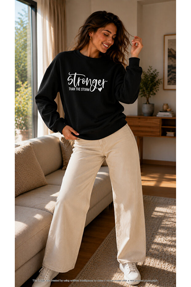 Women's Heart Detailed Stronger Text Printed Round Neck Casual Cotton Basic Sweatshirt