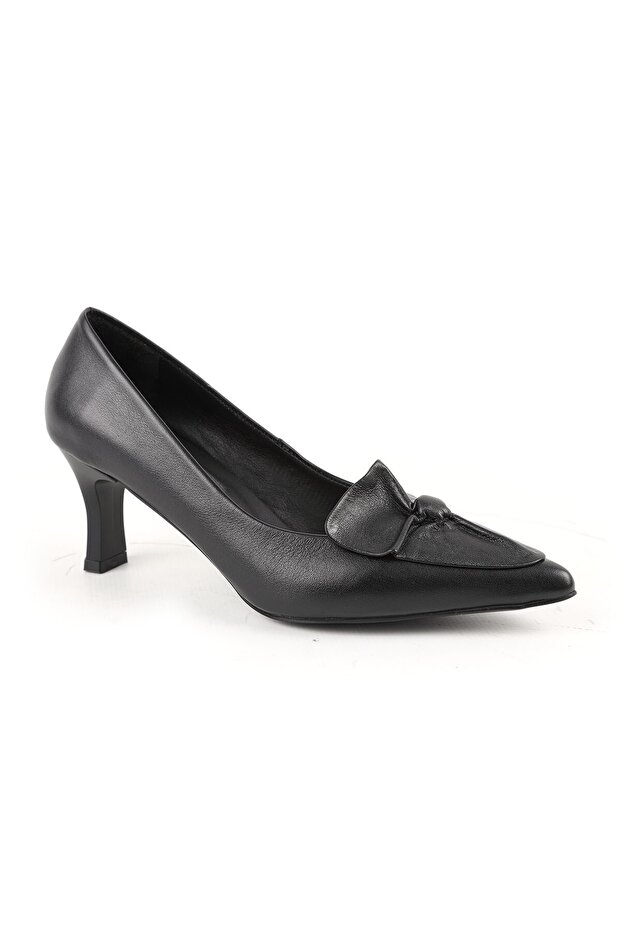 Women's High Heel Shoes Black Genuine Leather Pointed Toe Butterfly Knot Detailed Medium Goblet Heel L068.109