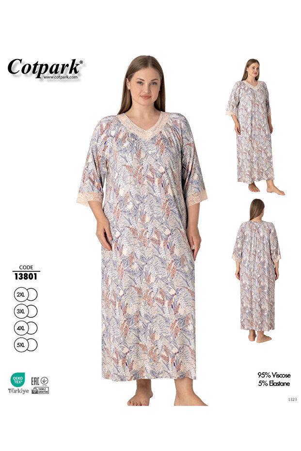 Women's Plus Size Patterned V-Neck Lace Embroidered Relaxed Cut Viscose Nightgown 13801