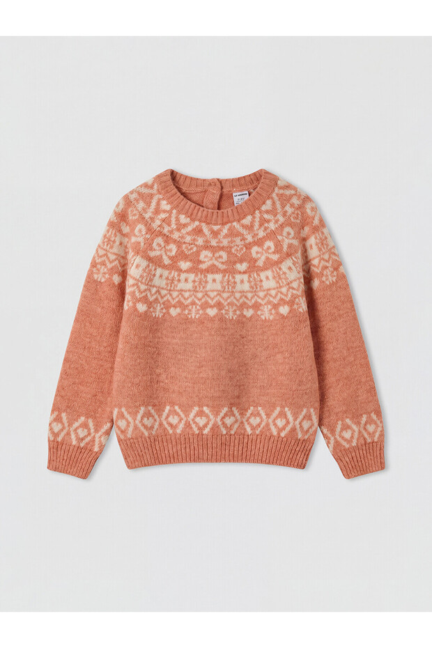 Two Mt Shop Quality Pink Oval Collar Girl's Patterned Knit Sweater