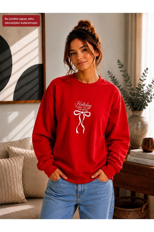 Women's Ribbon Printed Holiday Tunes Written Round Crew Neck Casual Cotton Basic Sweathirt