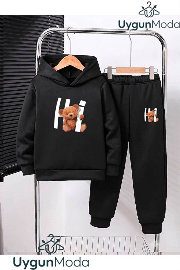 Hi Bear Printed Hooded Thick Cotton Inside Padding Tracksuit with Pockets Children's Top and Bottom Tracksuit Set