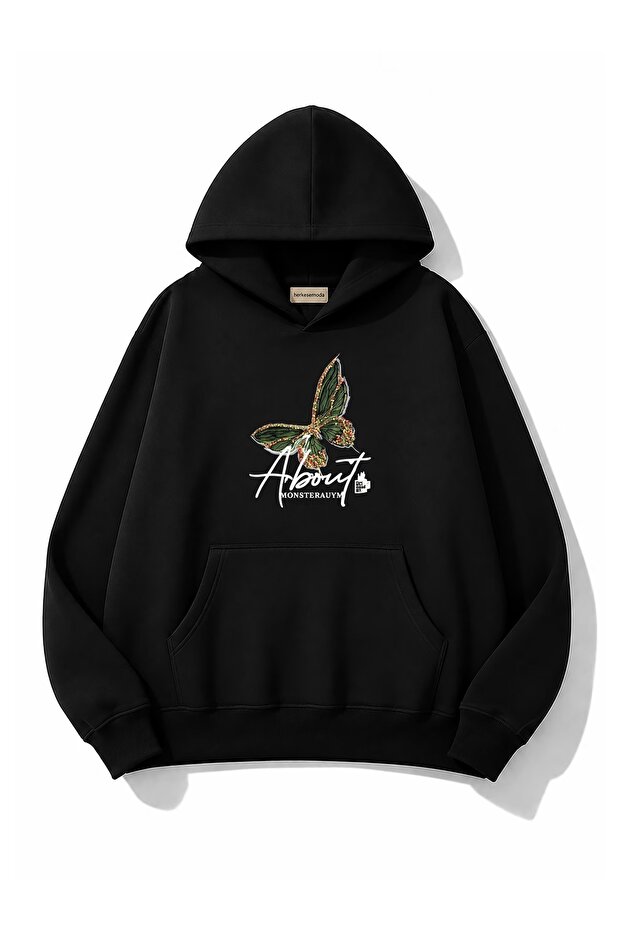 Green Butterfly Printed Hooded Sweatshirt