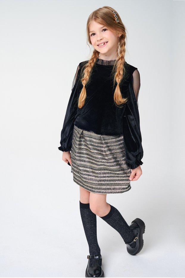 Velvet Blouse with Sleeve Detail and Gold Jacquard Skirt Set