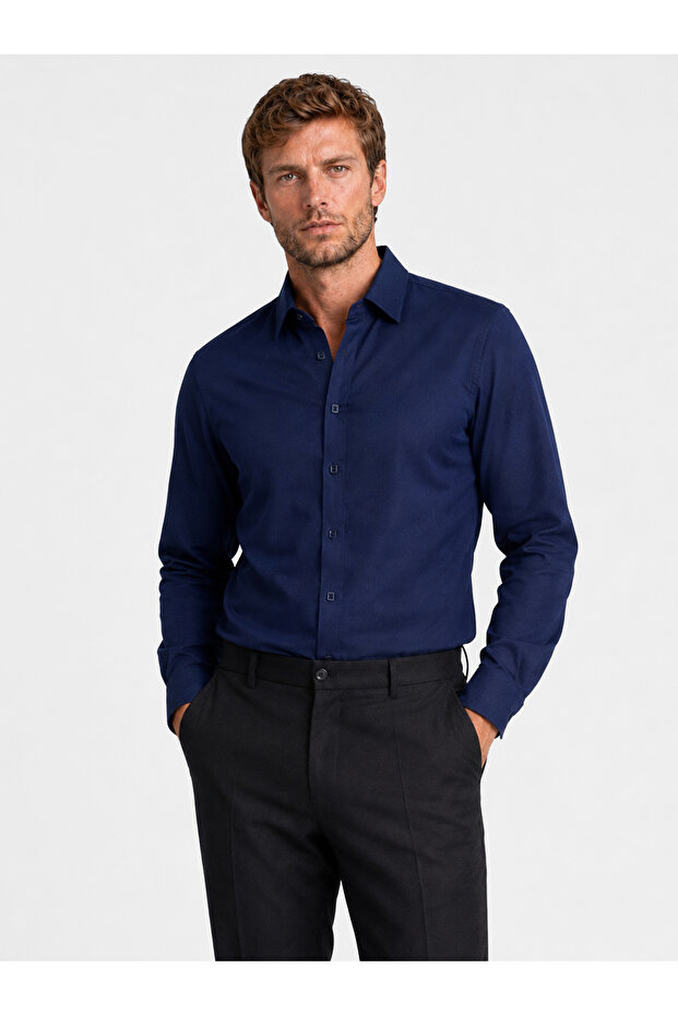 Navy Blue Square Button Slimfit Men's Shirt