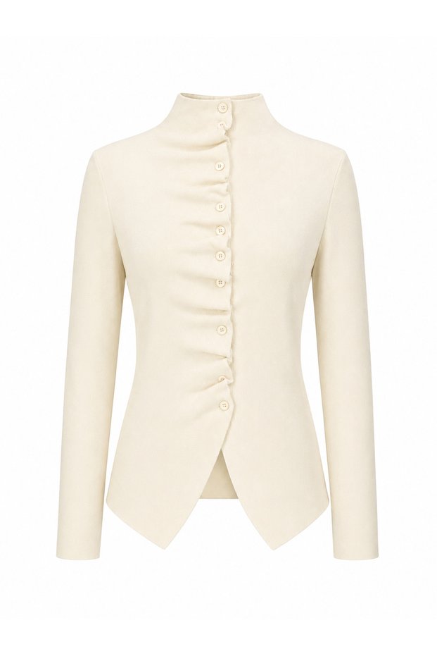 Women's High Collar Gathered Detailed Buttoned Fit Knitwear Cardigan 2666