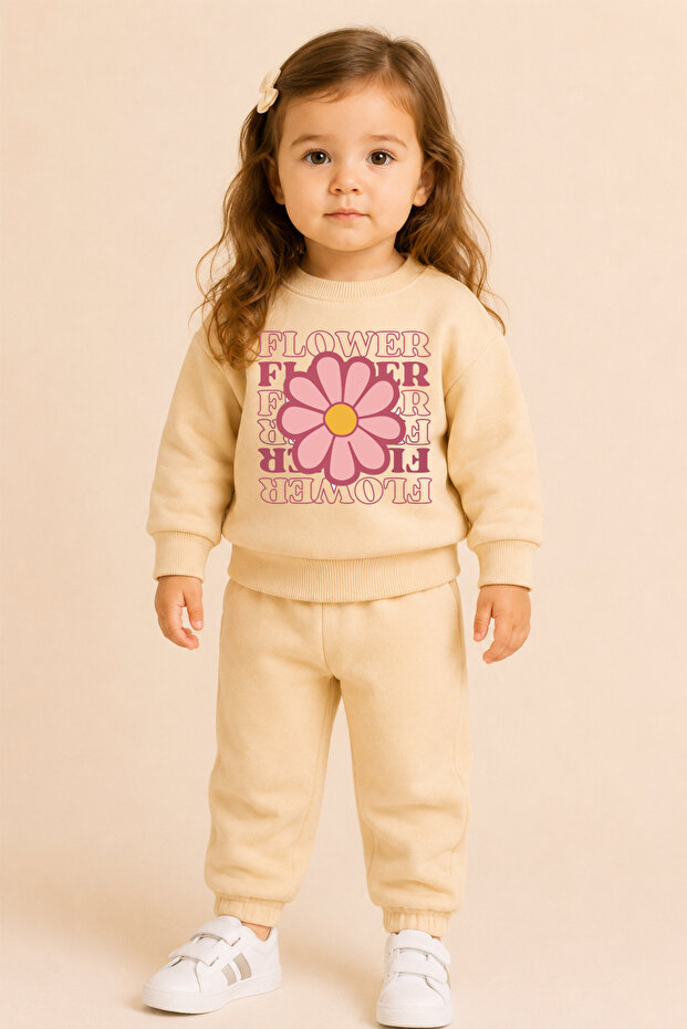 Girl's Top and Bottom Set (Without Undergarments) Flower Beige 100% Cotton