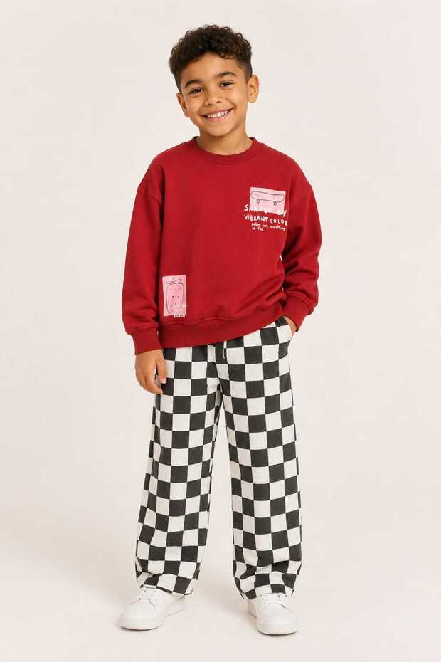 Boy's Printed Sweatshirt Checkered Pattern Pants 2-Piece Set