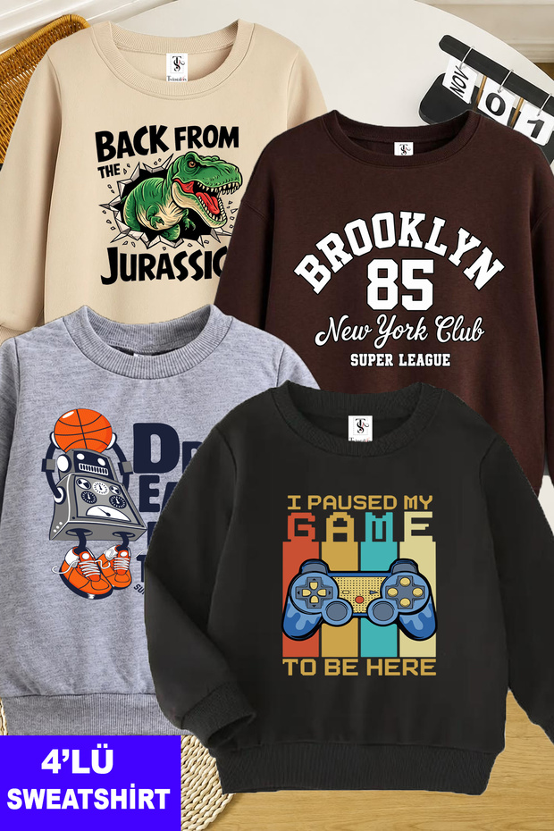 Black-Brown-Grey-Beige Children's Sweatshirt with Fleece Inside, Robot and Game Console Print, Crew Neck, Four-Piece Set