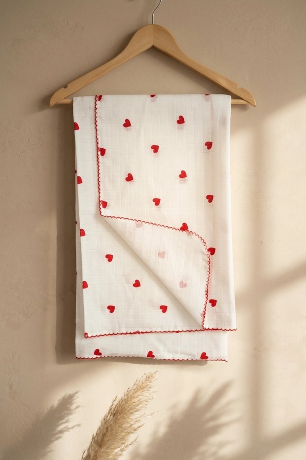 Red Patterned Cotton Muslin Baby Blanket with Piping and Embroidered Edges 90*90 cm