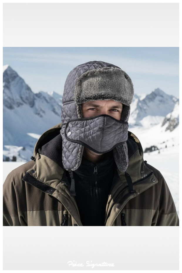 70% Acrylic, 30% Cotton, Waterproof Fur Quilted Russian Pilot Hat with Stitching Detail (Masked)