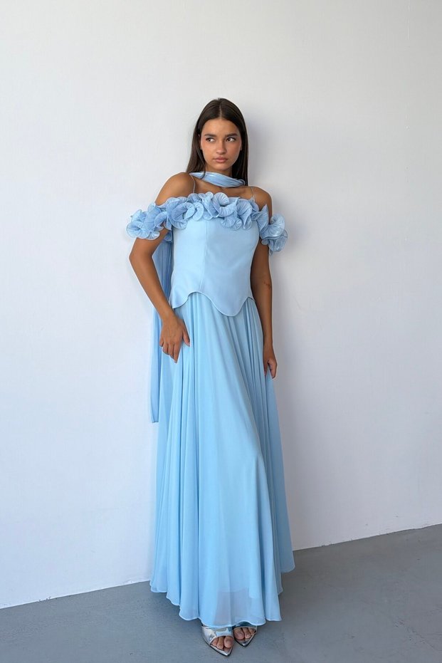 Baby Blue Thin Straps Flounce Collar Pleated Evening Dress
