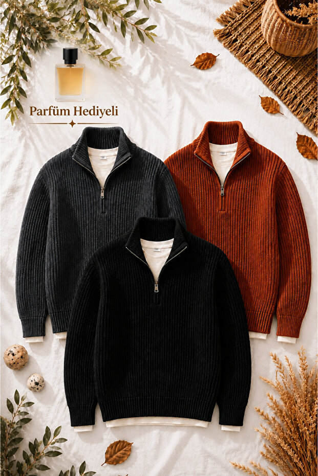 Men's 3-Piece Thessaloniki Knitted Half-Zip Knitwear Sweater + 100 ml Perfume Winter Thick Textured Stand Collar Premium Set