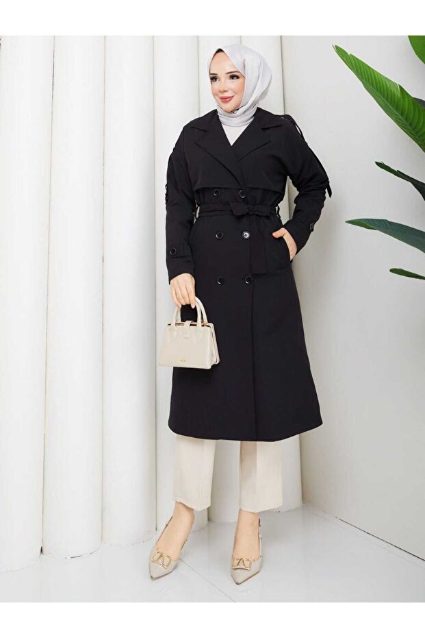 Women's Belted and Button-Detail Trench Coat