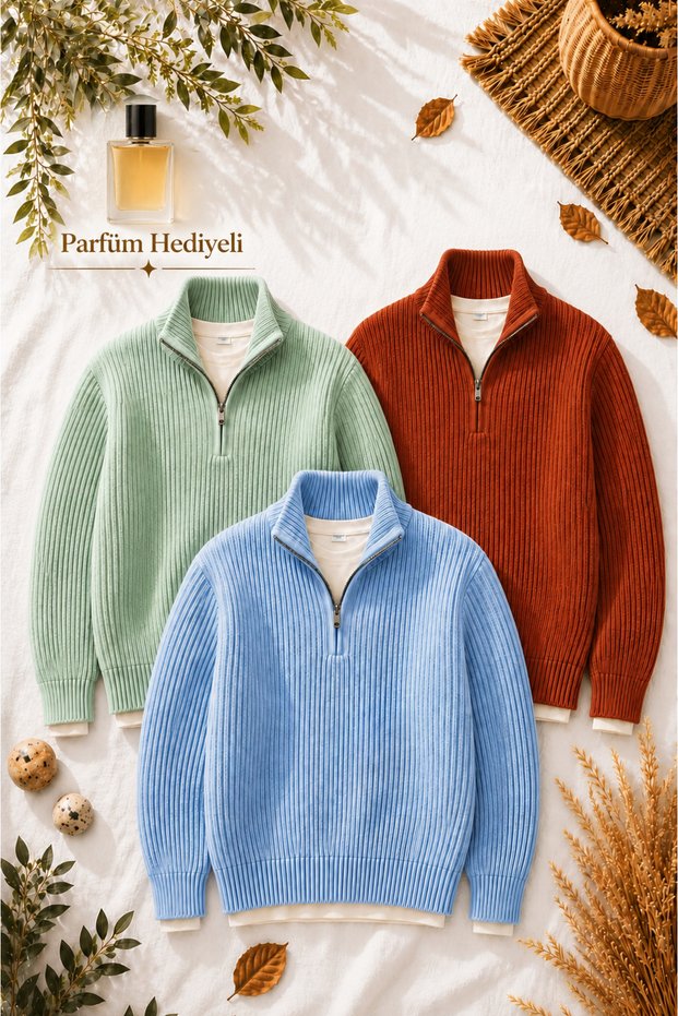 Men's 3-Piece Thessaloniki Knitted Half-Zip Knitwear Sweater + 100 ml Perfume Winter Thick Textured Stand Collar Premium Set
