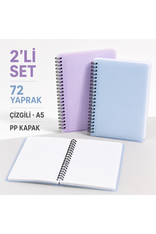 Set of 2 A5 Pp Cover Spiral-Bound Lined Notebooks – 72 Sheets in Pastel Colors