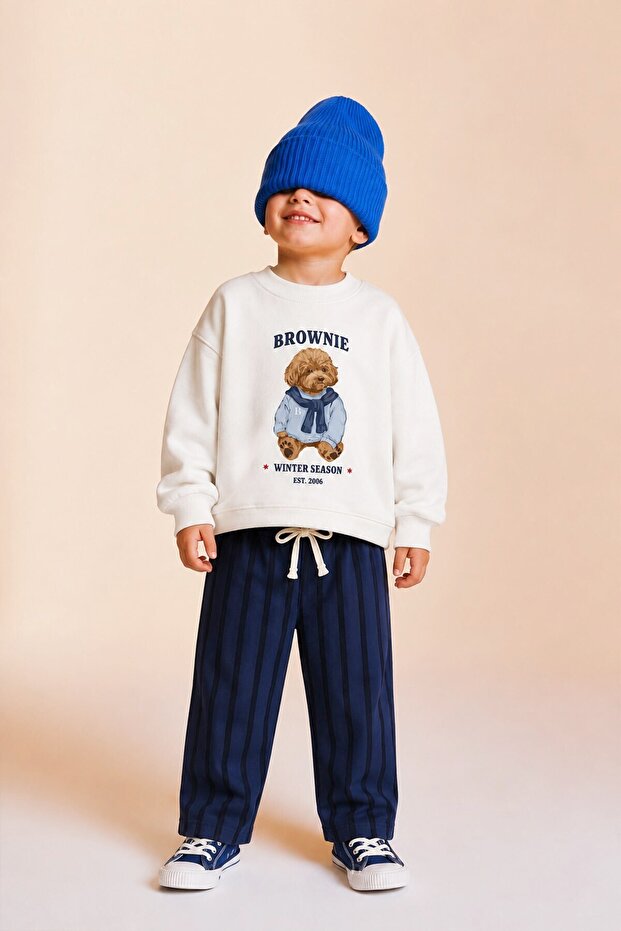 Boy's Ecru Teddy Bear Printed Sweatshirt and Navy Blue Striped Sweatpants Set