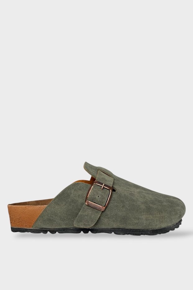 Men's Buckle Detailed Cork Anatomical Sole Slippers Khaki