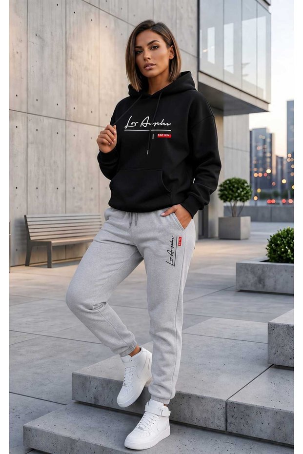 Hooded Tracksuit 2-Piece Combination Winter Embroidered Handwritten Los Angeles Printed Women's / Men's Unisex Model