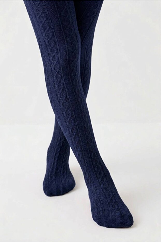 Navy Blue Knitted Detailed Soft Cotton Children's Pantyhose