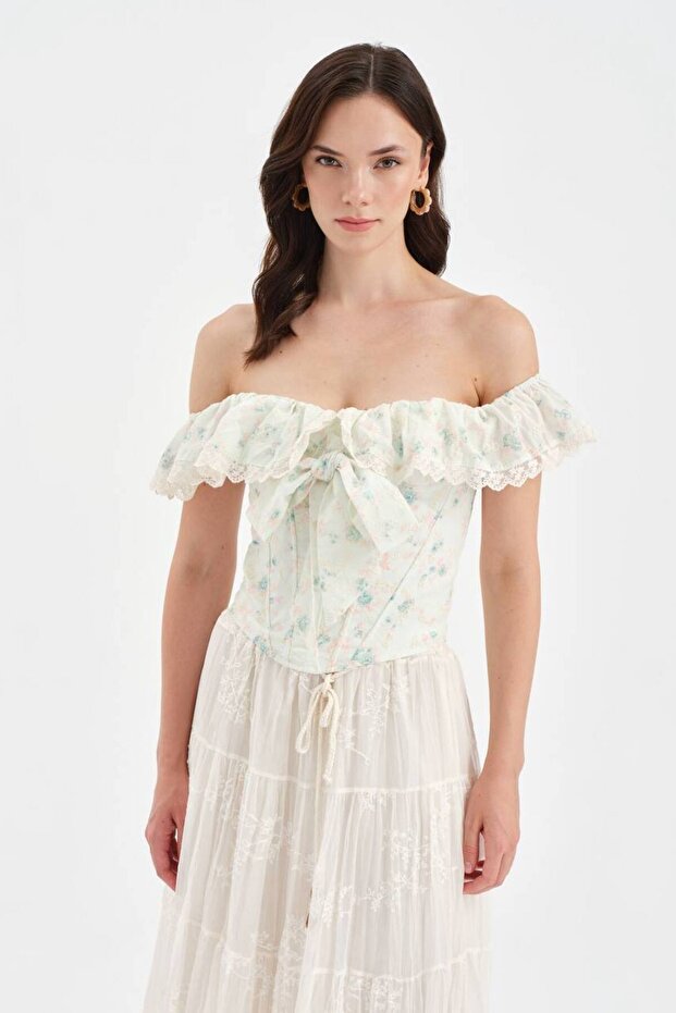 Women's Woven Fabric Off-The-Shoulder Corset with Padded Bust and Straps, Lace-Up Back Design