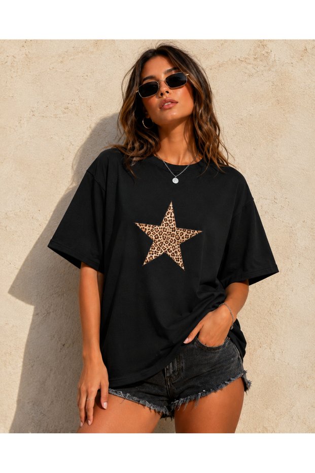 Women's Leopard Star Printed Oversize T-Shirt Unisex 80% Cotton Boxy Fit Streetwear T-Shirt Thick Textured