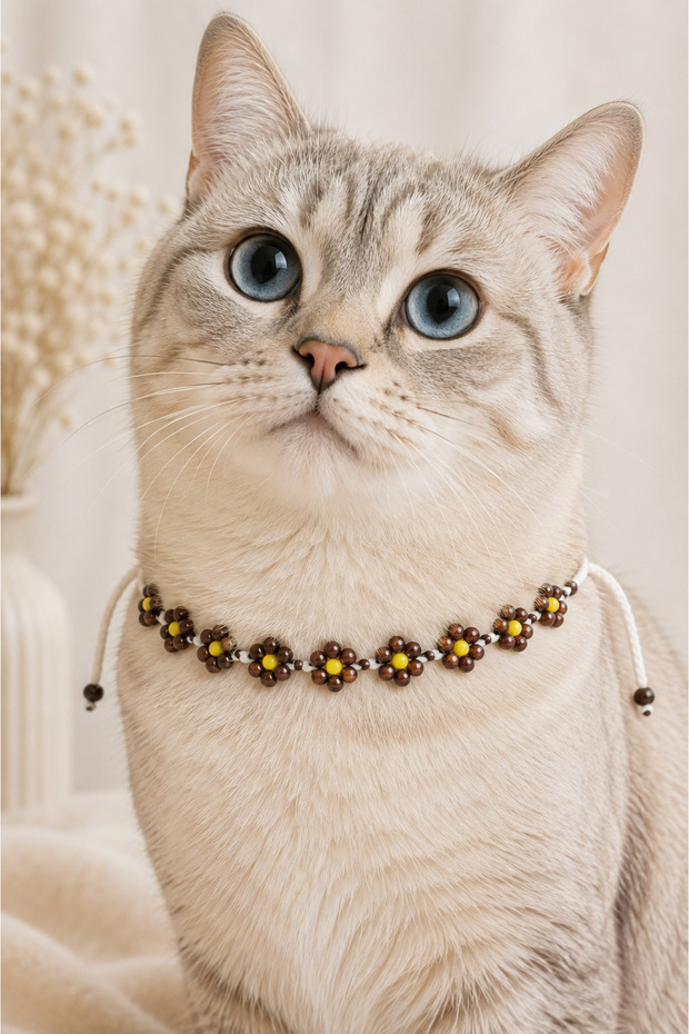 Beaded Cat Neck Accessory Brown Floral Yellow Beaded White Lace-Up Cat Collar