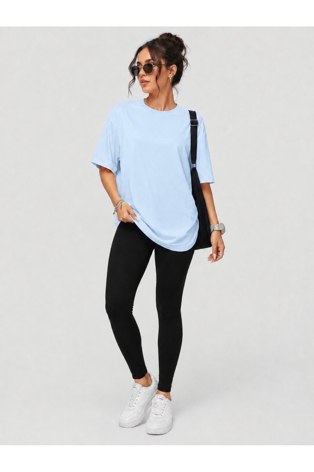 100% Cotton Oversize Fit Crew Neck T-Shirt / T-Shirt and Microfiber Lycra Tight-Fitting Leggings in One