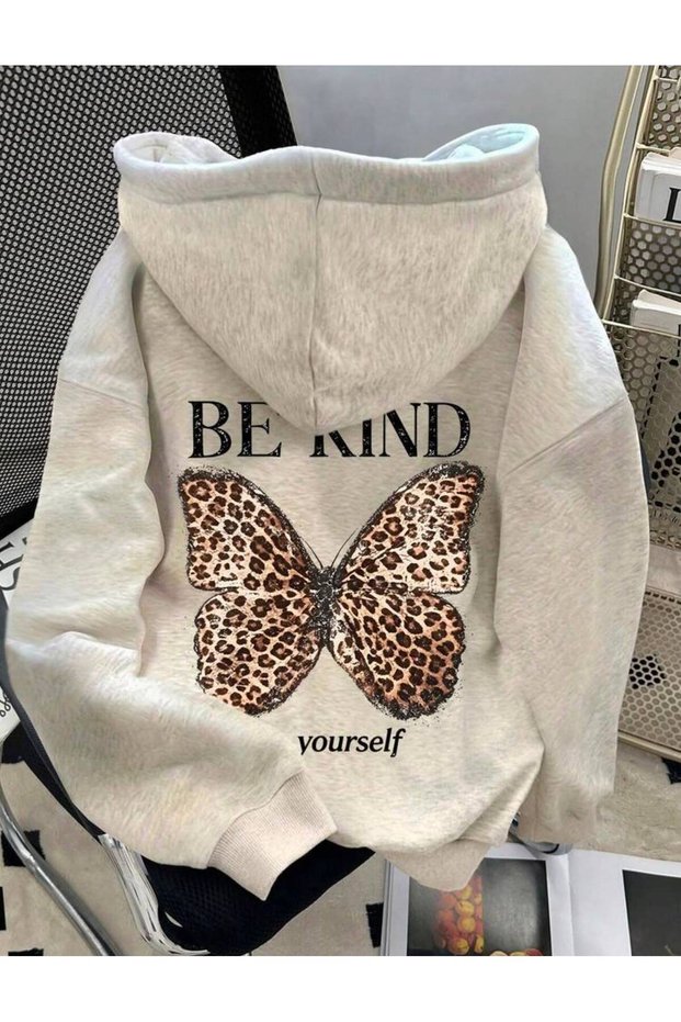 Be Kind to Yourself Butterfly Printed Hooded Sweatshirt