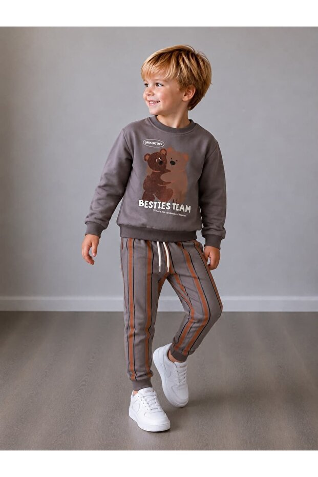 Boys' Bear Team 2 Yarn Sweatshirt Tracksuit Set 3-10 Years