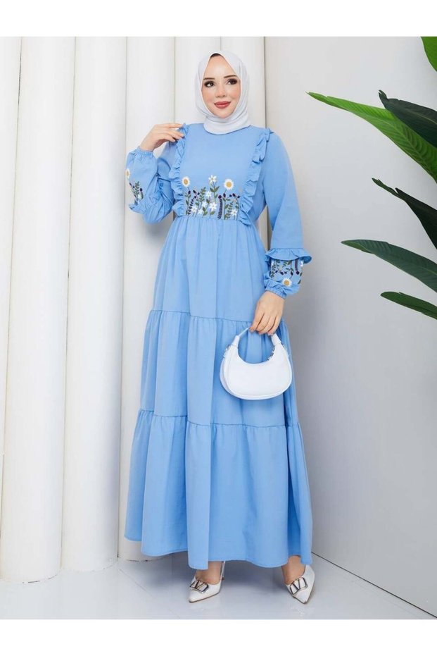 Embroidery Detailed Asel Hijab Dress Baby Blue