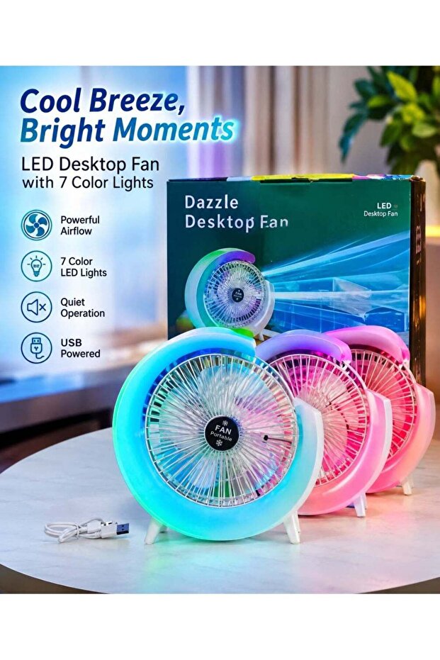 Dazzle LED Desktop Fan with 7 Color Lights, Powerful Airflow, Quiet USB Powered Table Fan