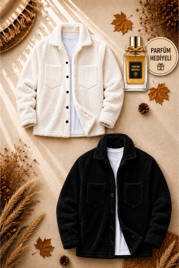 2 Pcs Unisex Plush Jacket Set + 100 ml Perfume Winter Thick Textured Buttoned Double Pocket Oversize Shirt Jacket Cardigan