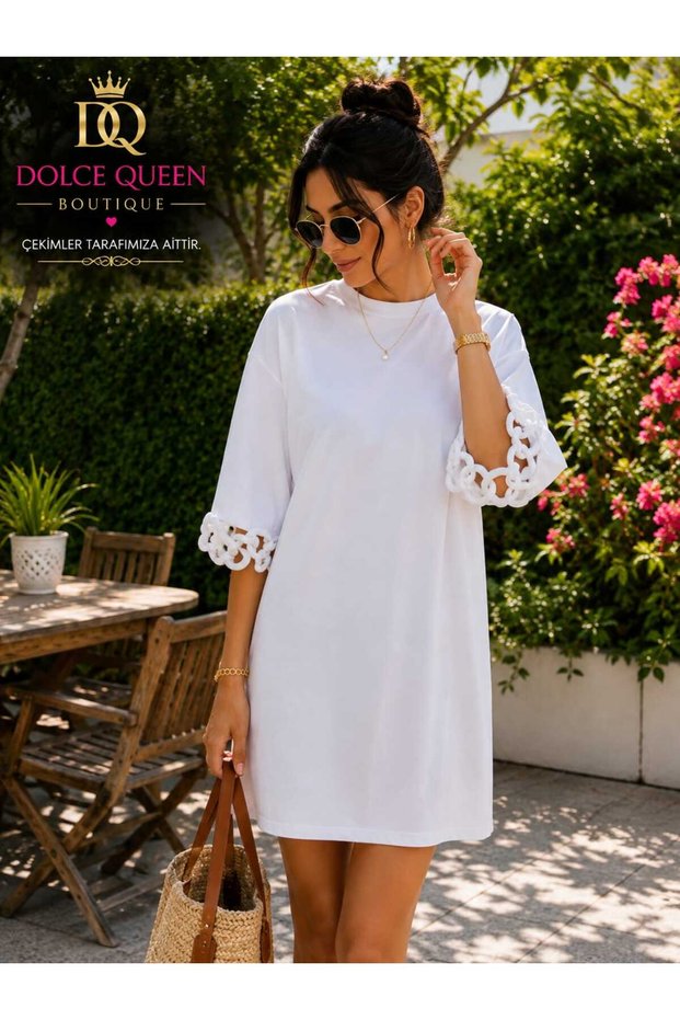 Women's Cotton Fabric Oversized Mini Dress with Ring Sleeve Detail