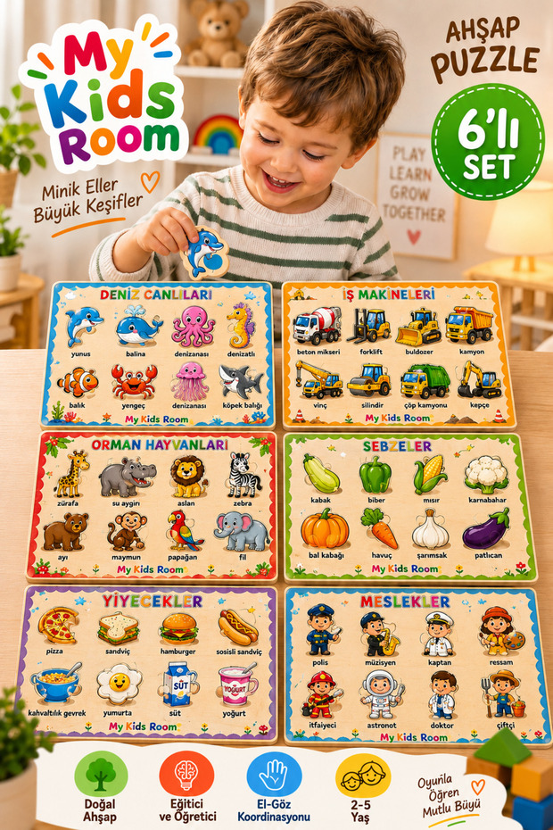 6-Piece Wooden Puzzle Set Educational Learning Find & Match Jigsaw Sea Creatures Construction Vehicles Forest Animals Vegetables Foods Professions