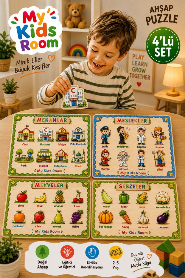 4-Piece Wooden Puzzle Set Educational Learning Find and Match Puzzle Places Occupations Fruits Vegetables
