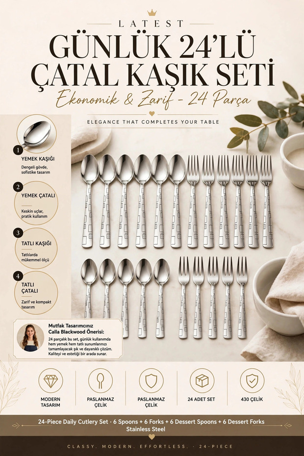 24-Piece Stainless Steel Everyday Dinnerware Set Economical Stylish 6-Person Dinner Fork Spoon Dessert Fork Spoon Set 723572