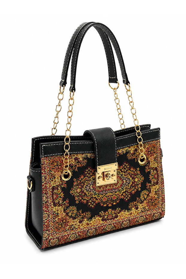 Authentic Woven Women's Shoulder Bag – Traditional Carpet Motif Patterned Fabric, Gold Color Chain Strap Handbag