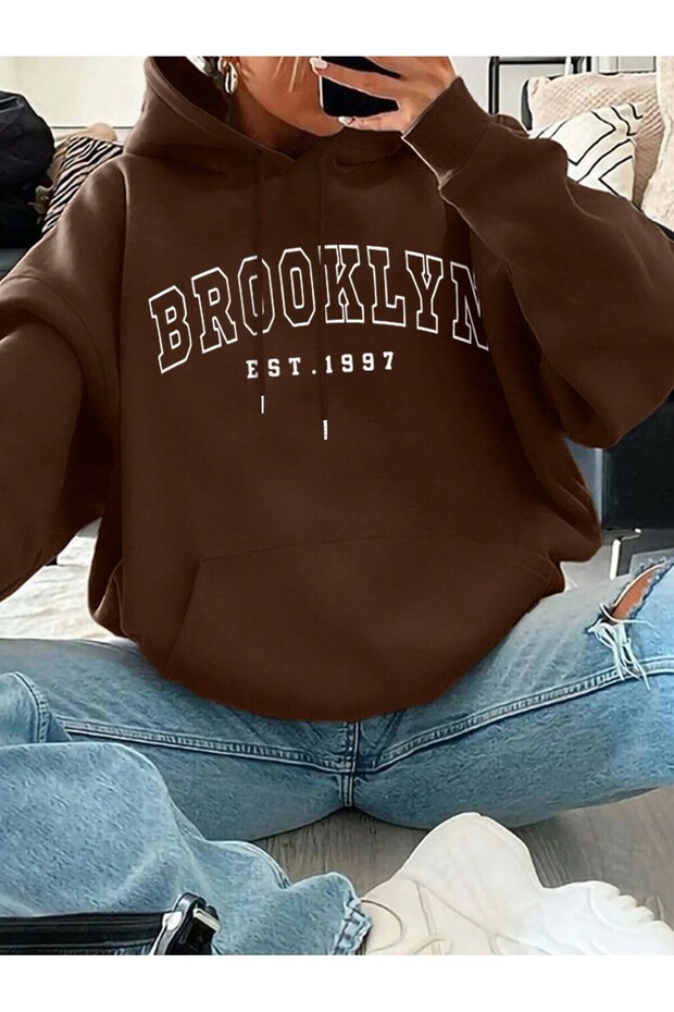 3 Yarn Brooklyn 1997 Thick Winter Sweatshirt - Brown Printed Oversize Hoodie with Raised Pockets