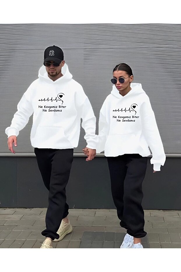 3 İplik 2'Li What We Fight For, What We Lovedear Combination Sweatshirt - White Printed Oversize Hooded Sweatshirt