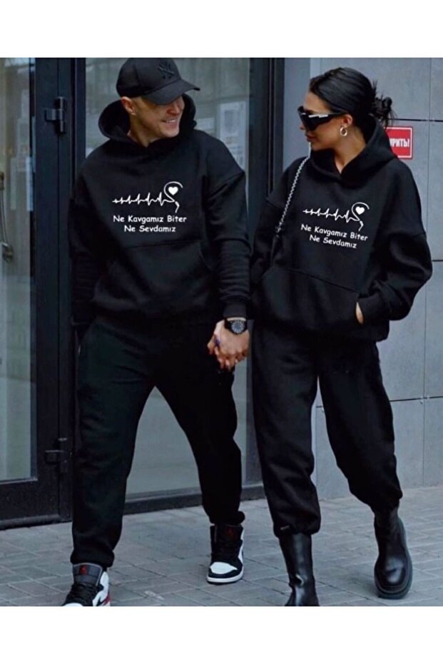 3 İplik 2'Li What We Fight For, What We Lovedear Combination Sweatshirt - Black Printed Oversize Hoodie